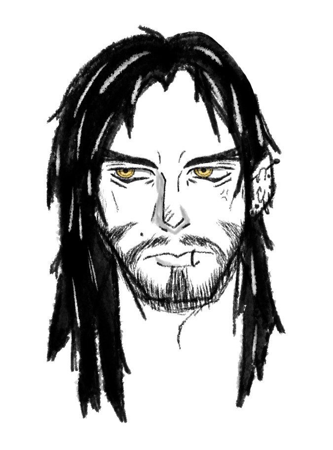 A drawing of a man with long hair, yellow eyes, and stubble