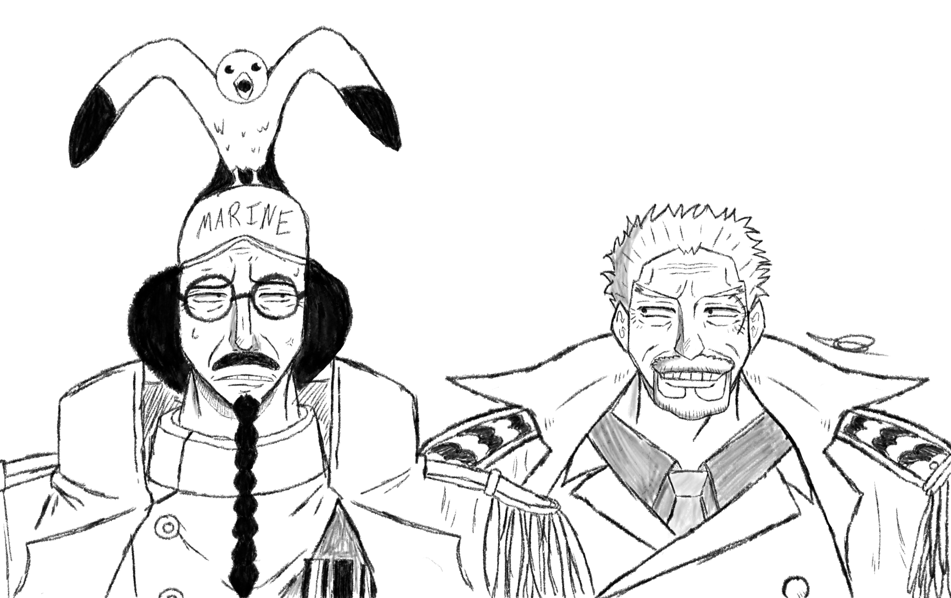 A drawing of Sengoku and Garp from the Japanese anime 'One piece'