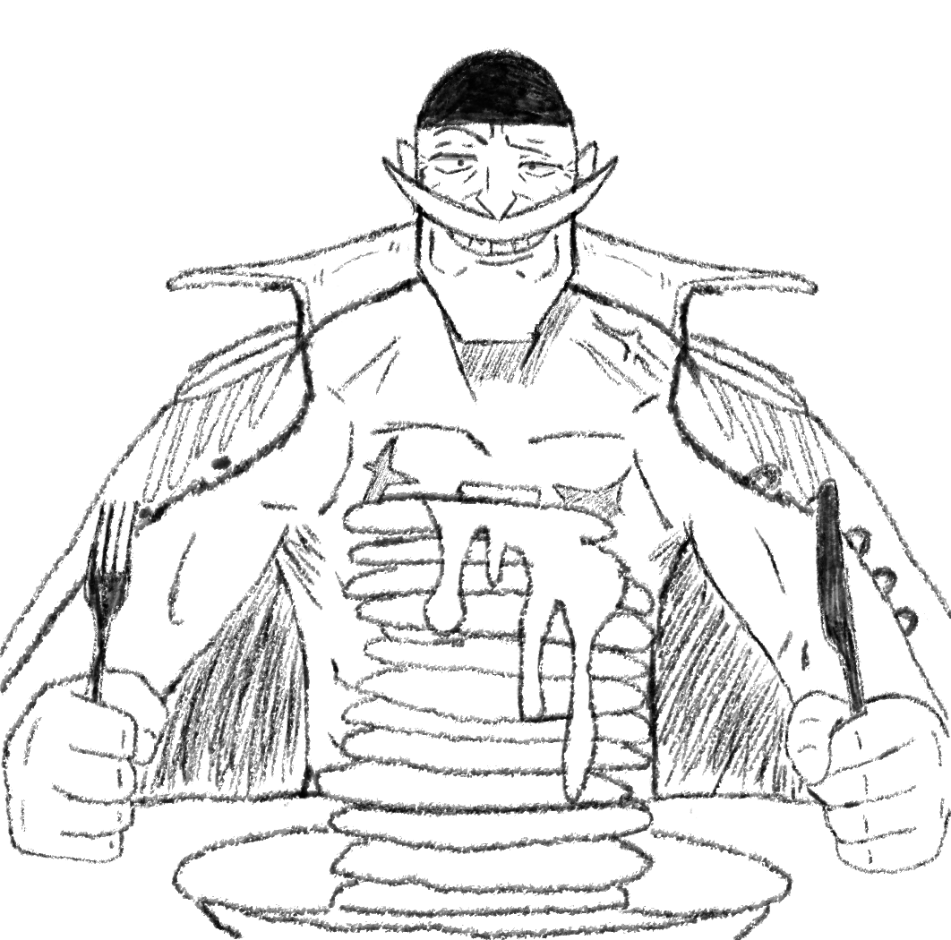 A drawing of Whitebeard from the Japanese Anime 'One Piece' eating pancakes